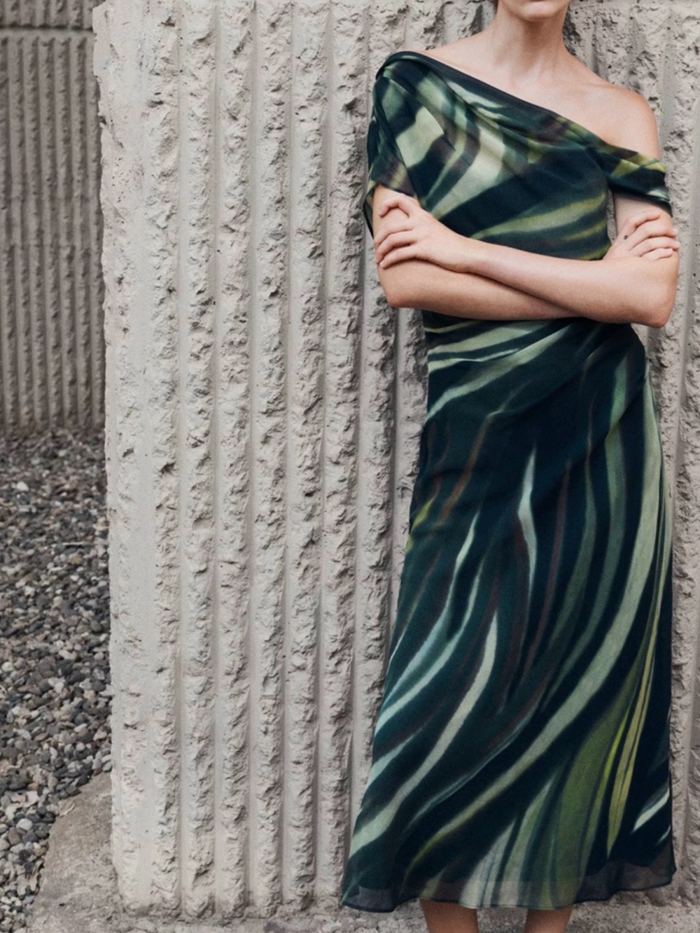 MANGO Printed Draped A-Line Midi Dress Green Black Size L NWT